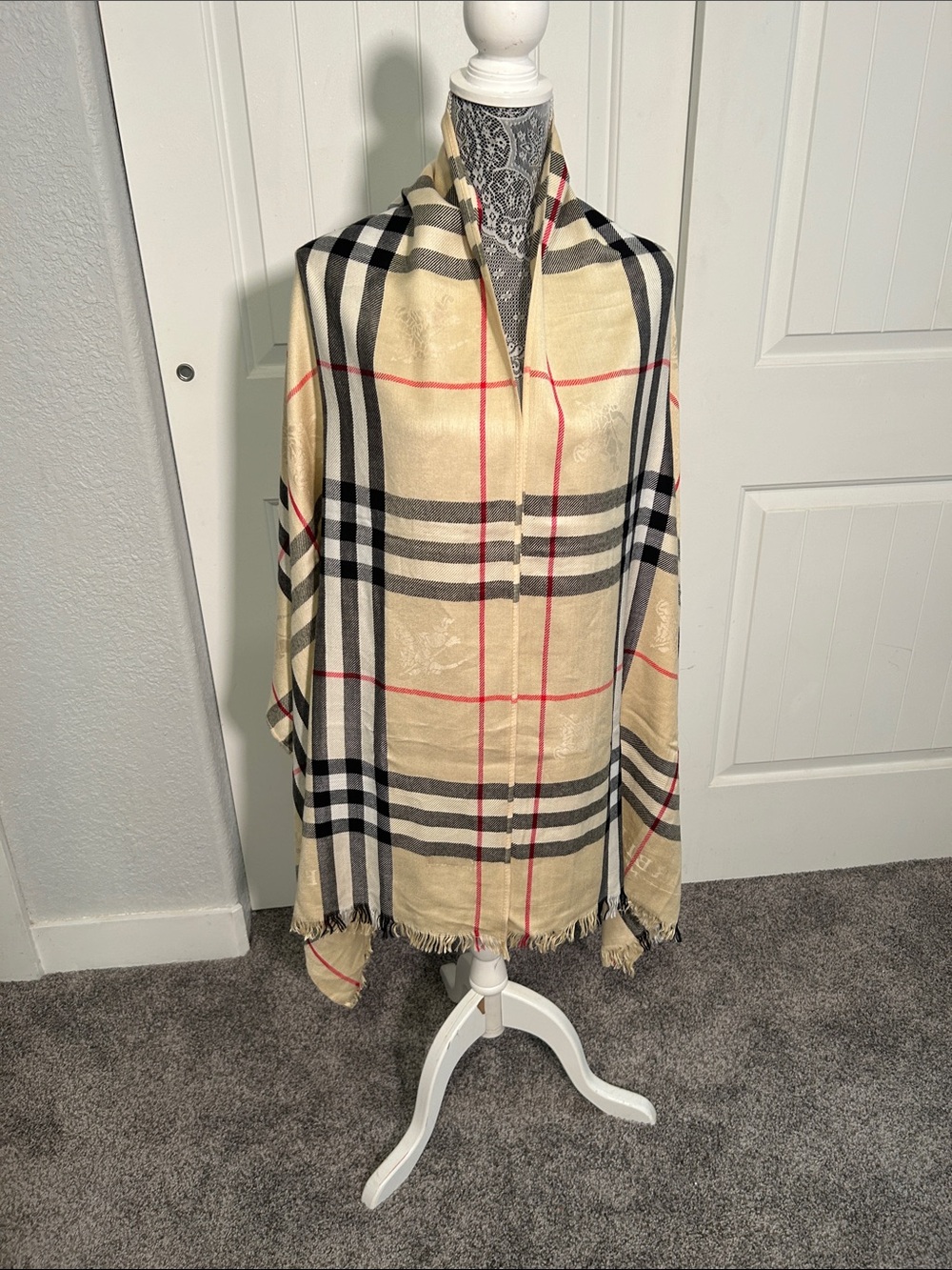 Burberry Beige Plaid Shawl with Black and Red Accents